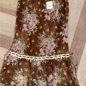 Free People Brown Floral Maxi Skirt with Pink & Mint Accents 0 NWT